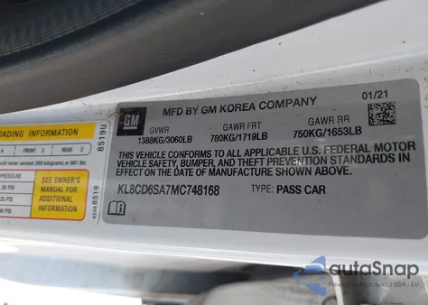 2021 Chevrolet Spark Fwd 1Lt Automatic z USA, uszkodzony, nr VIN KL8CD6SA7MC748168